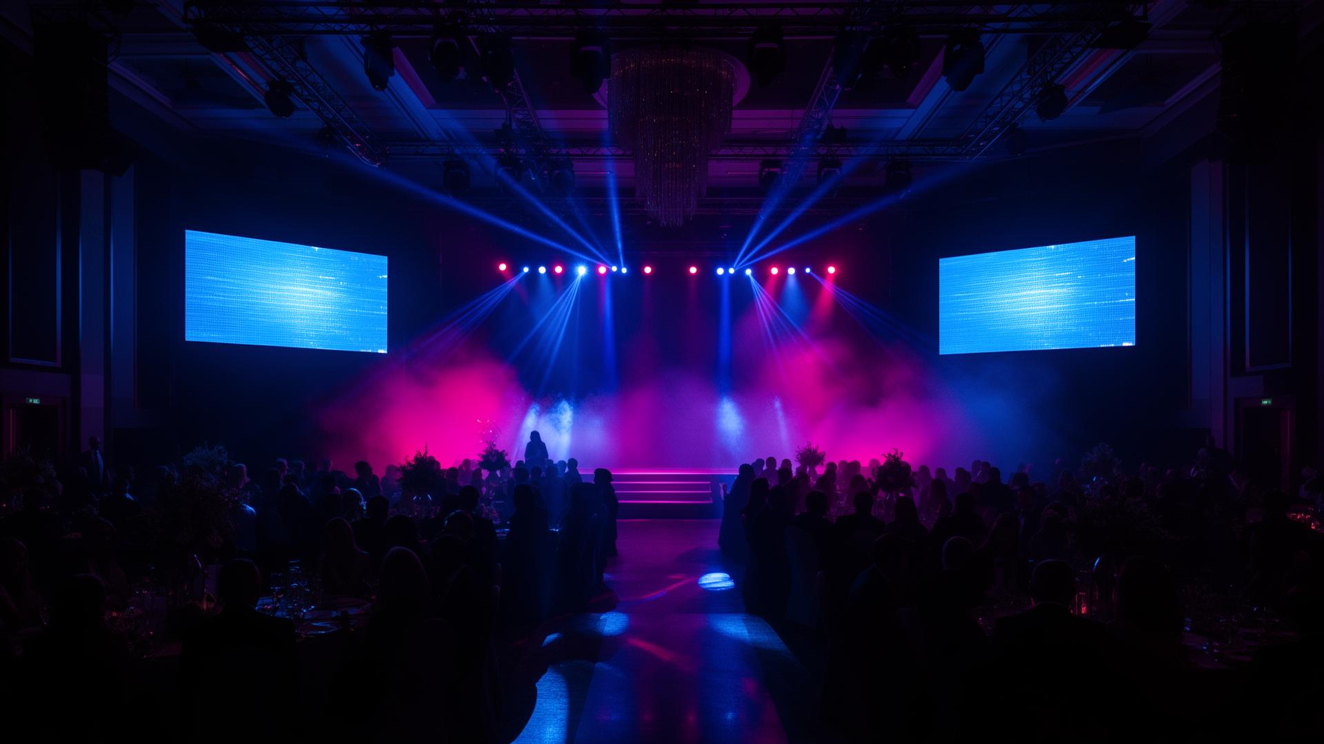 Corporate gala stage with dramatic lighting